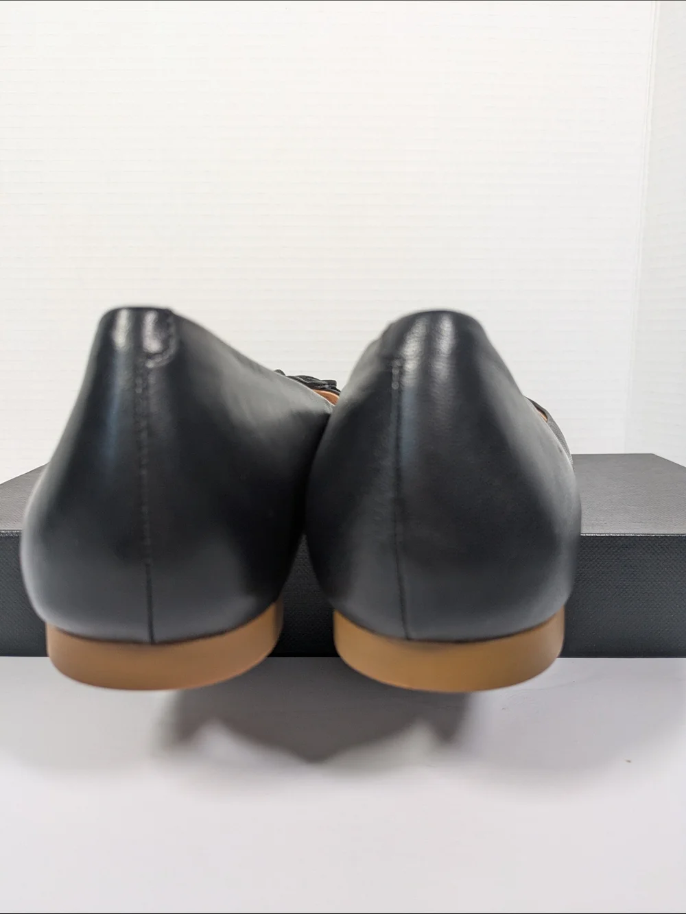 Coach Black Leather Pointed Ballet Flats with Bow and Gold Charm